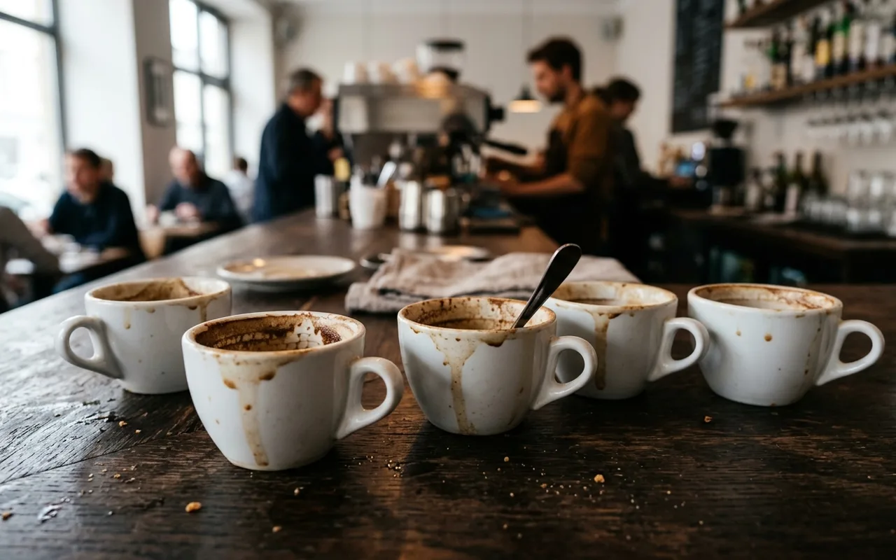 Tazzine da caffè come nuove, senza prelavaggio — prima